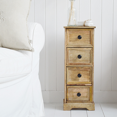 Dorset narrow wooden cabinets. Lamp tables for the living room and hallway with drawers for Newq England styled homes. Modern Farmhouse, country and coastal furniture and interiors.