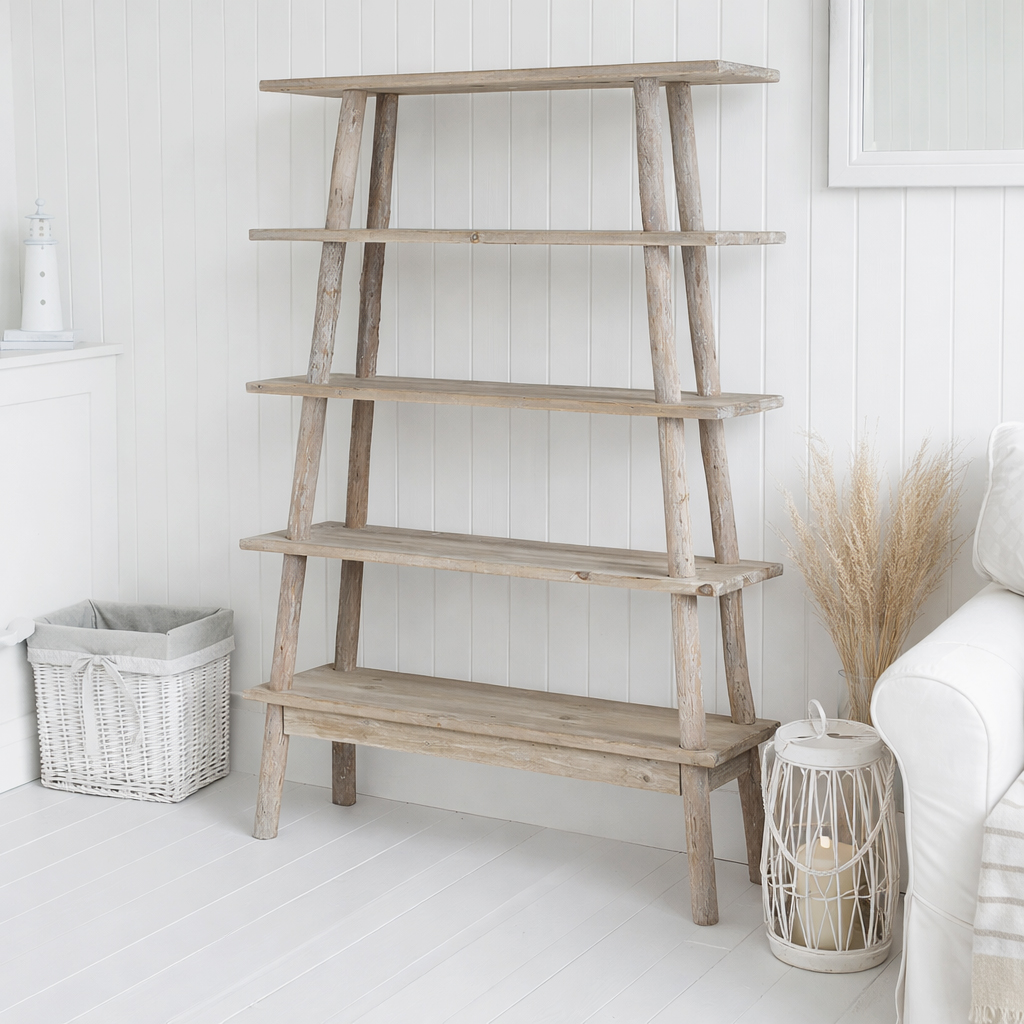 Rustic driftwood shelf unit with a weathered grey finish. A versatile wooden shelving piece ideal for coastal, farmhouse, New England and neutral interiors.
