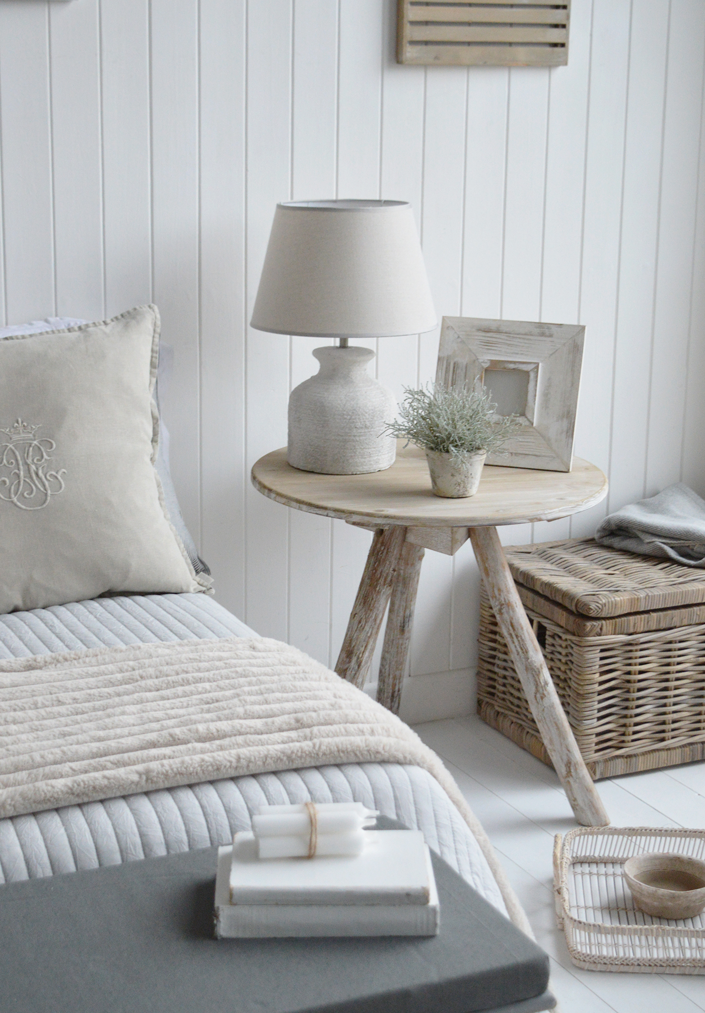 The Driftwood table as a bedside in a coastally inspired bedroom