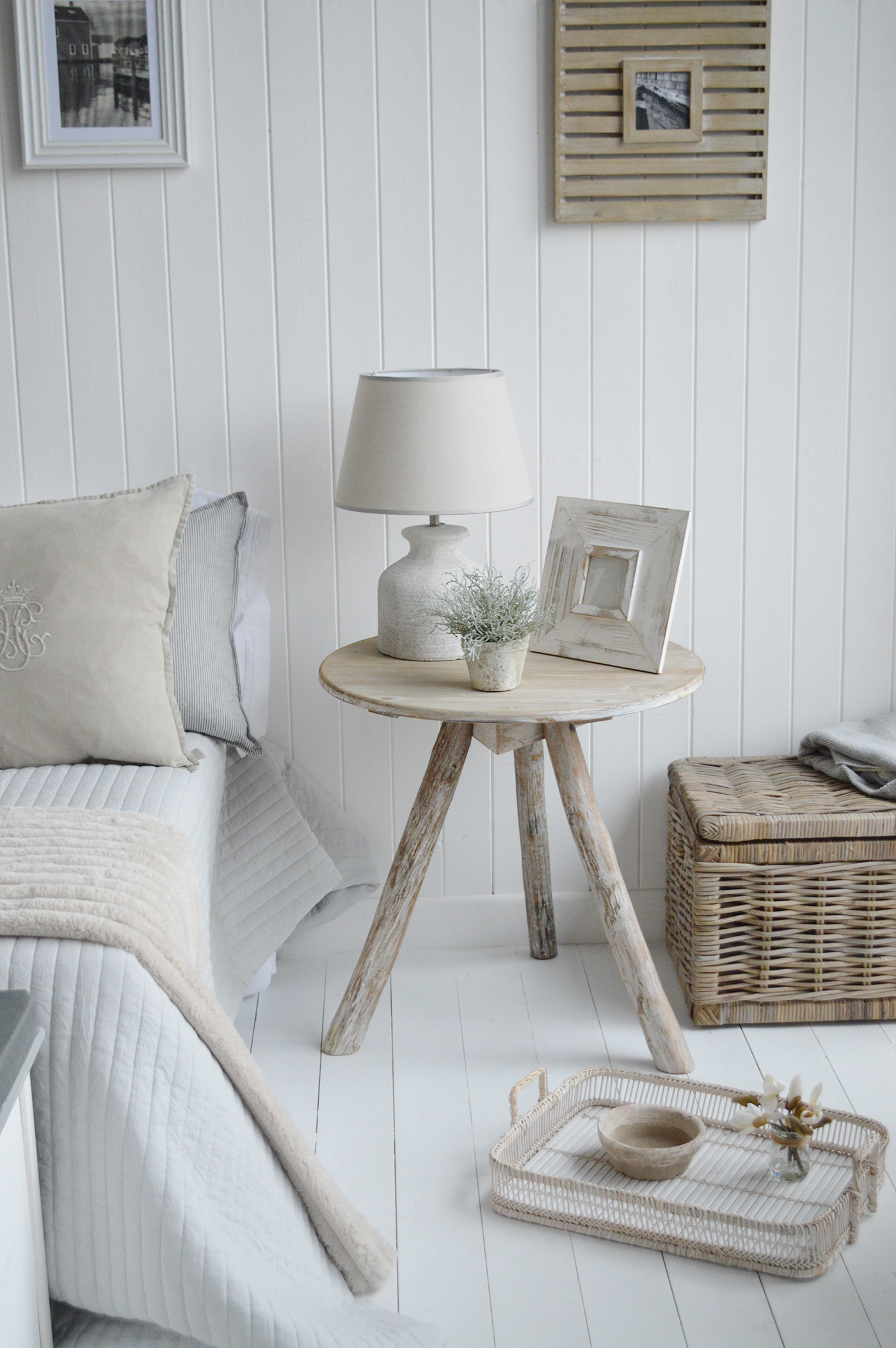 The Driftwood table as a bedside in a modern country inspired bedroom