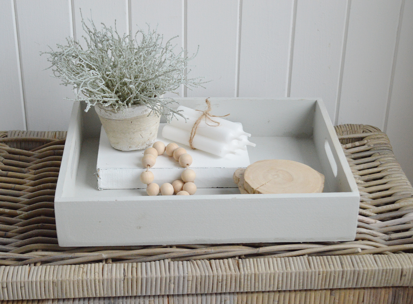 Elegant New England Coastal and Country Furniture. Finished in an aged grey paint with distressing, the Fairfax table is a butler tray table with three insert trays that can be used throughout the home for display