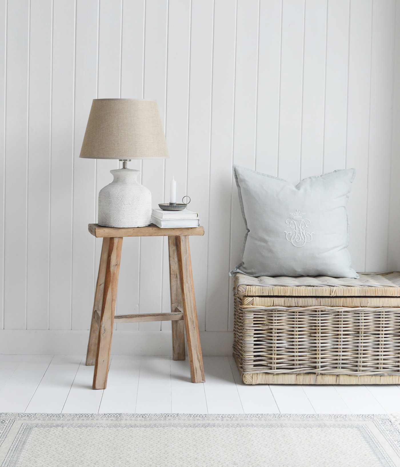 Georgetown rustic stool as a bedside table for New England furniture in the bedroom and living room