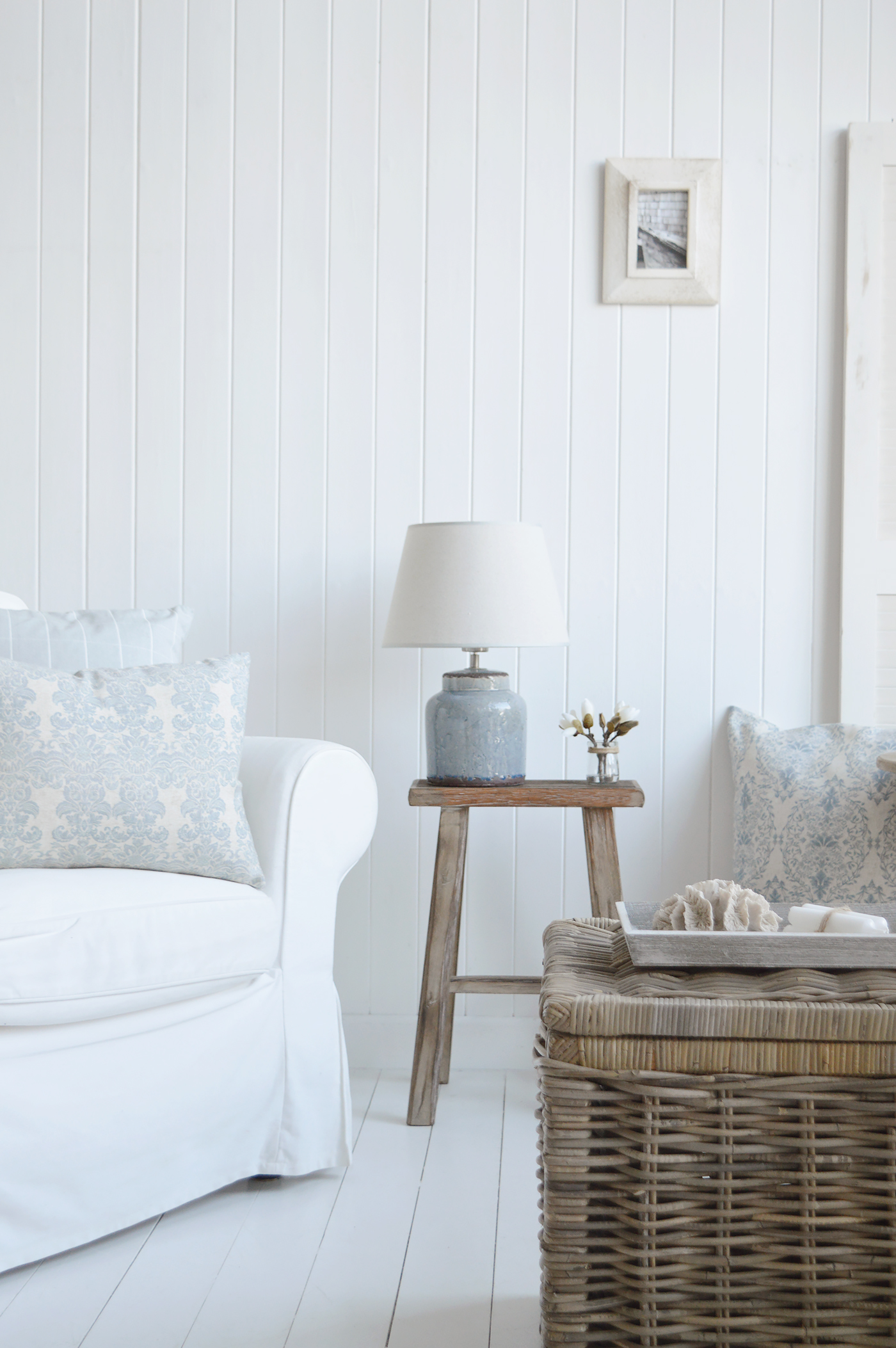 Georgetown stool shown with the Blue Compton lamp, a perfect piece of coastal furniture for the living room or bedroom