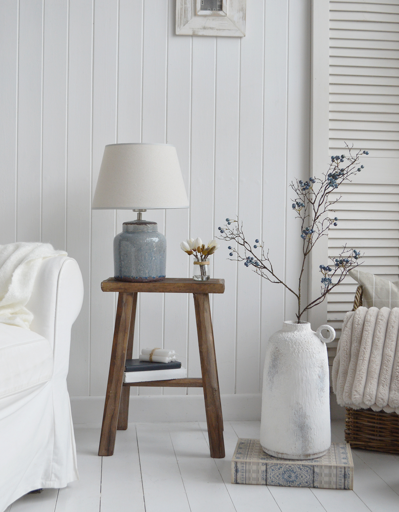 The Georgetown wooden stool - an ideal lamp table for a New England beach house coastal home