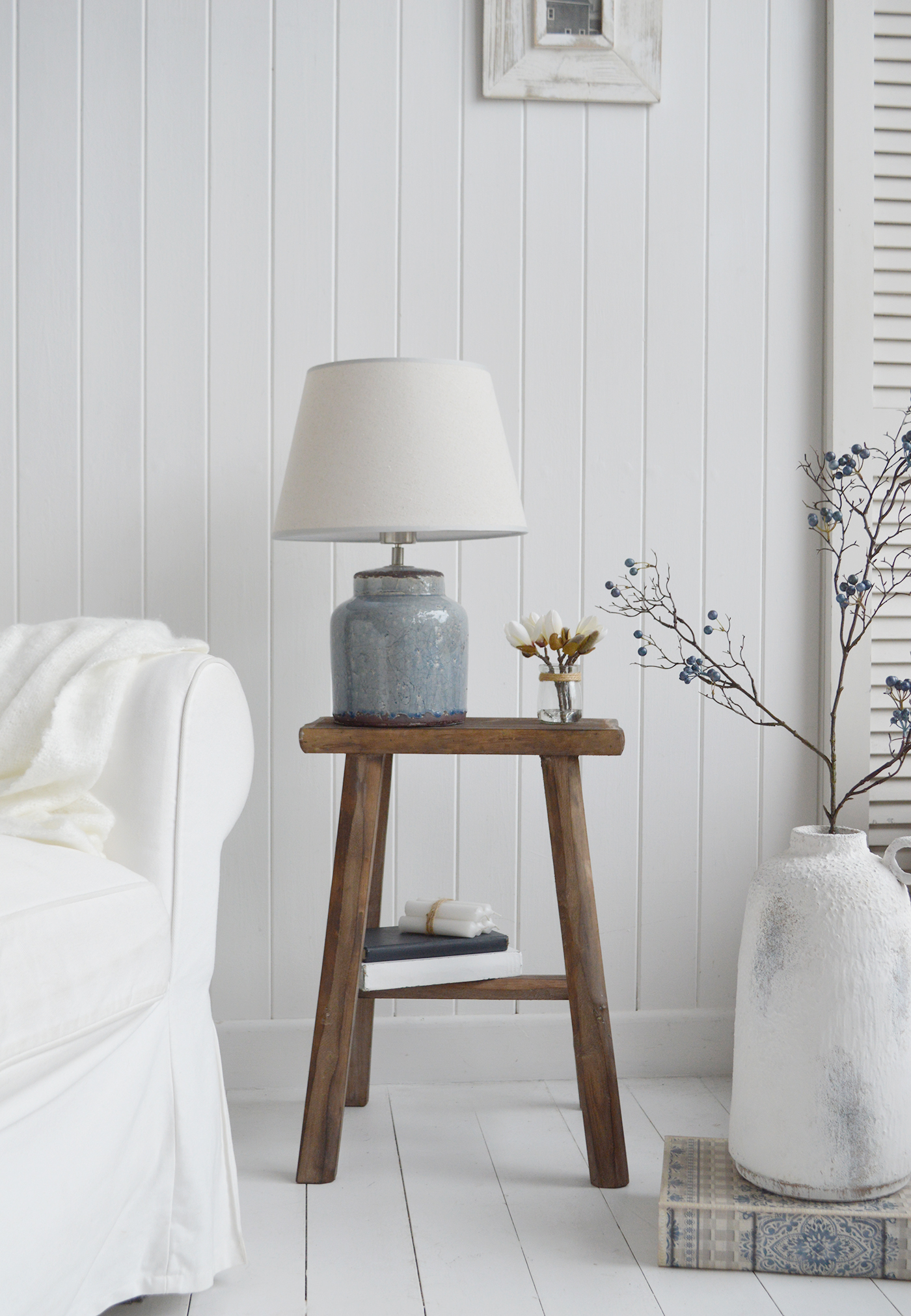 The Georgetown wooden stool - an ideal lamp table for a New England beach house coastal home