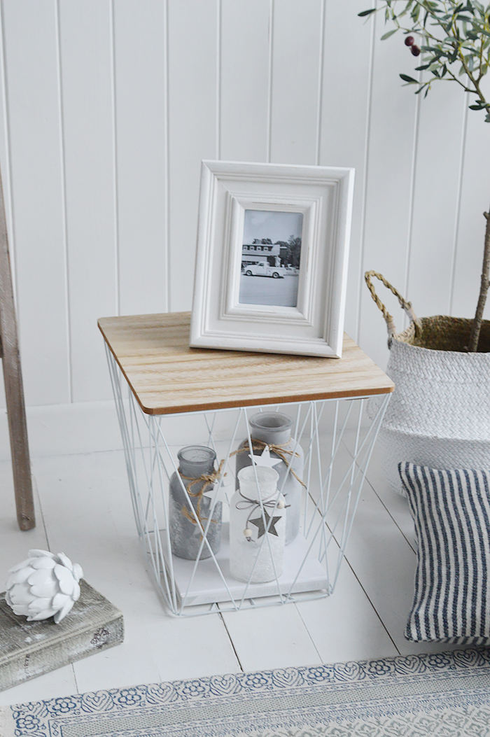 Greenwich lamp table for New England styled white living room. White furniture for coastal, country and city homes. Shown with our star glass vases