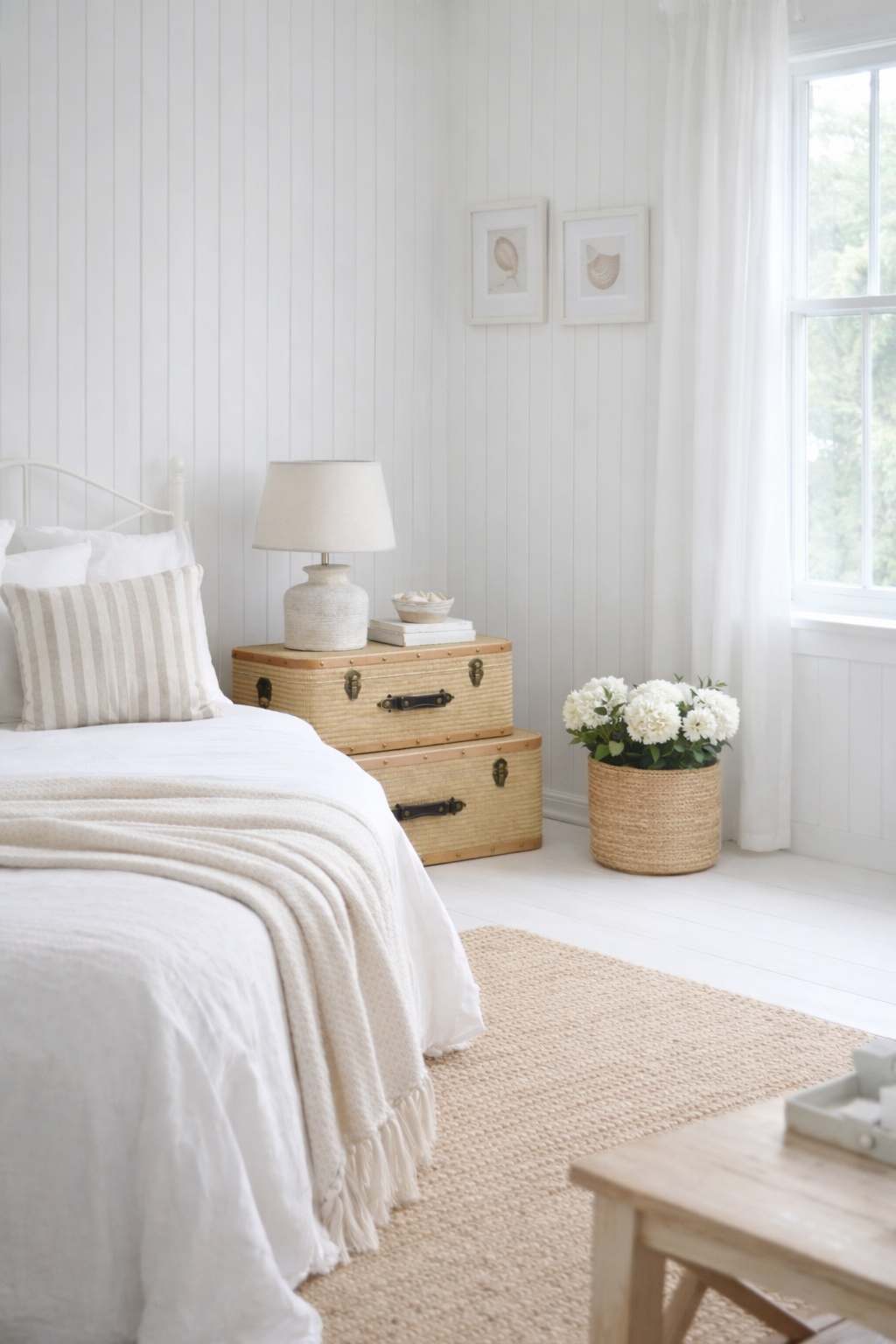 These Kennebunk trunks bring relaxed coastal charm to a bedroom, styled effortlessly as a bedside table in a light and airy New England inspired interior.