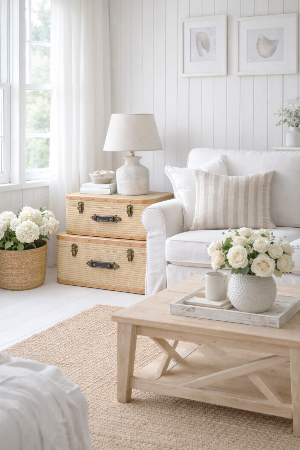 With their woven texture and warm natural tones, the Kennebunk trunks add timeless coastal character while creating a beautifully practical storage solution in a serene coastal style home.