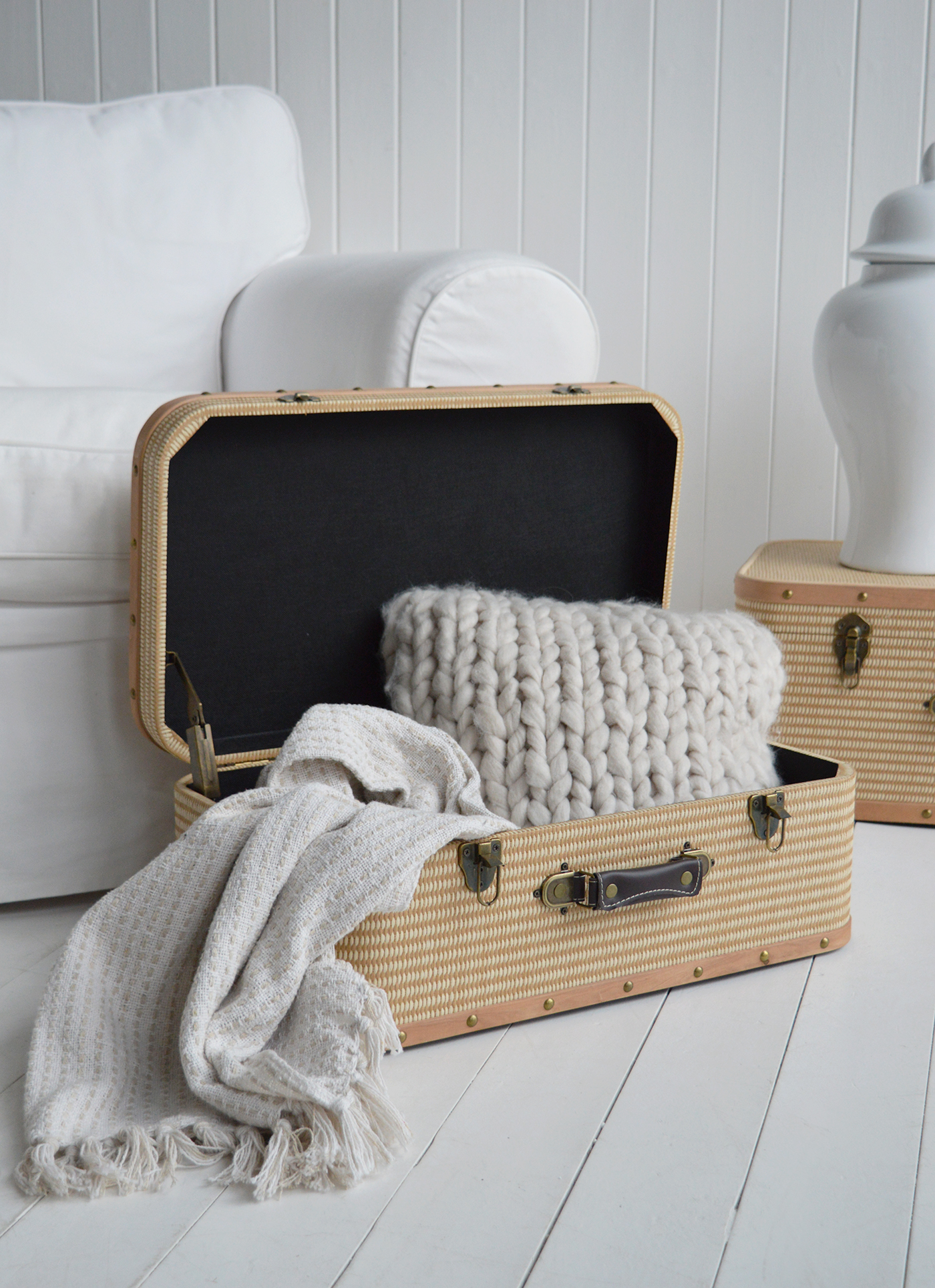 Crafted with a gently distressed finish, the Kennebunkport Trunks capture the character of well-loved coastal homes, blending function and understated elegance seamlessly.