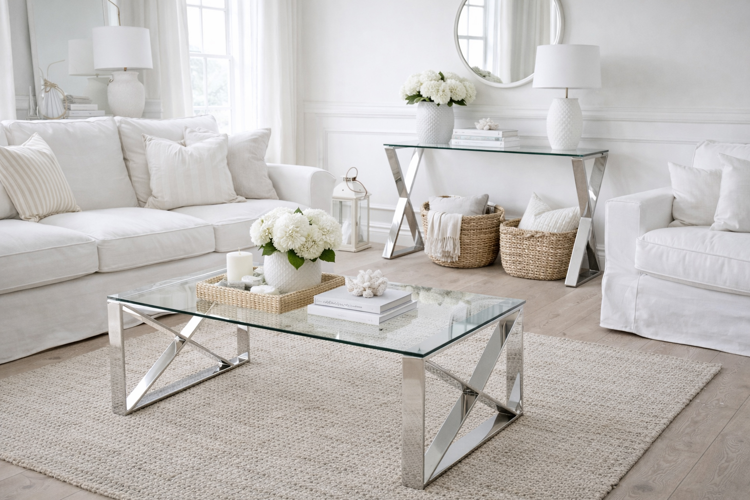 The Kensington range is designed for Hamptons and neutral interiors, combining clear glass tops with polished stainless steel X-frame bases for a light, elegant look. Perfect for living rooms and hallways, the Kensington console table and coffee table add structure without heaviness, creating a refined centrepiece for modern classic and Hamptons-style homes.