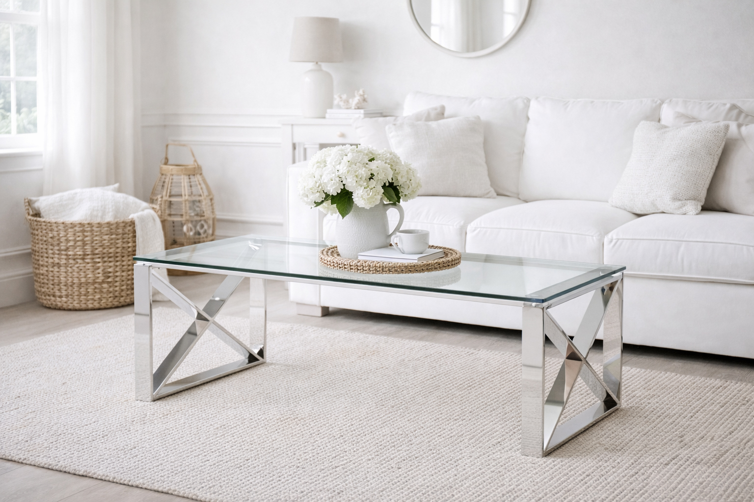 With its sculptural X-frame base and clean glass top, the Kensington coffee table brings understated luxury to Hamptons-inspired interiors.