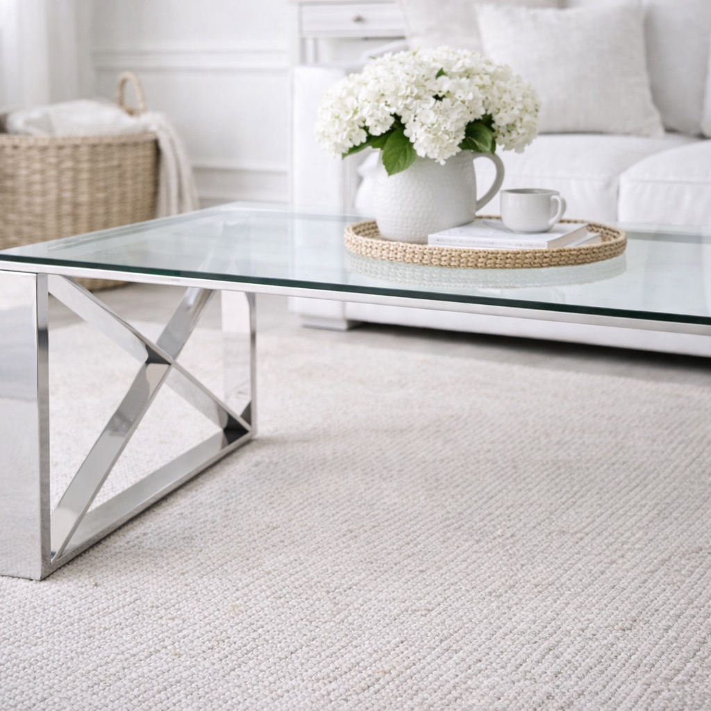 A refined blend of glass and polished metal, the Kensington coffee table adds structure, balance and quiet sophistication to any neutral interior.
