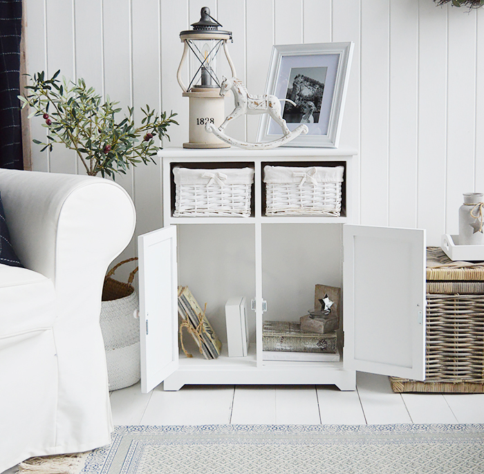 White furniture for the living room. Maine white sideboard with large cupboard and two basket drawers for New England, country and coastal furniture