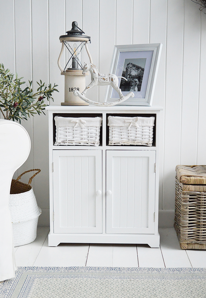 White furniture for the living room. Maine white sideboard with large cupboard and two basket drawers for New England, country and coastal furniture