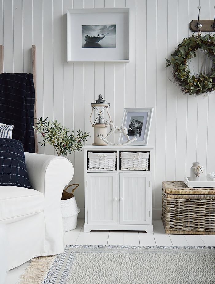 White furniture for the living room. Maine white sideboard with large cupboard and two basket drawers for New England, country and coastal furniture