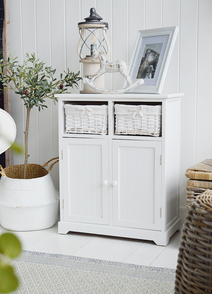 White furniture for the living room. Maine white sideboard with large cupboard and two basket drawers for New England, country and coastal furniture