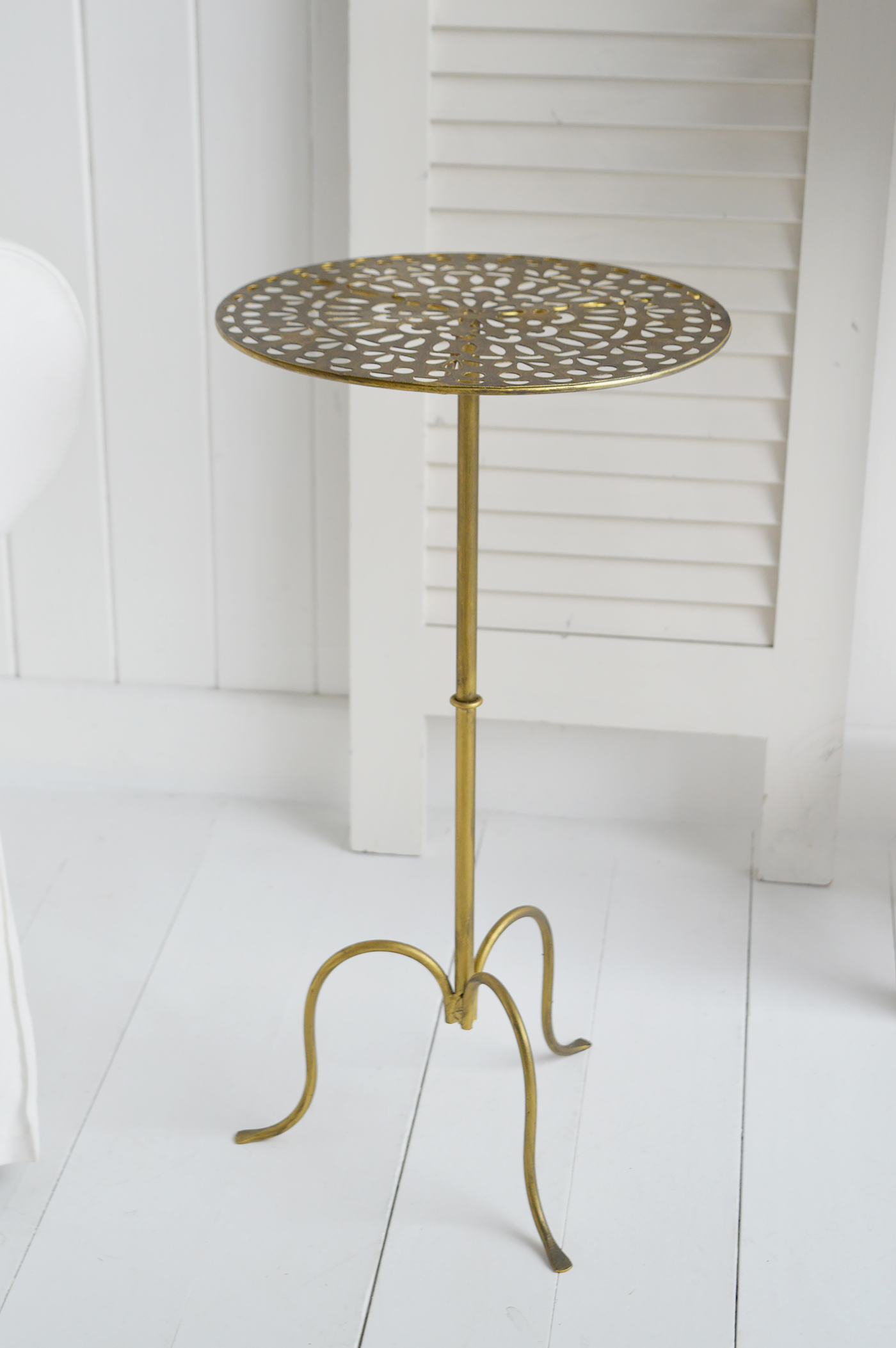 The Montville antique brass small round side table, ideal for bedside, or living room lamp table. Bathroom, Living Room, Bedroom and Hallway Furniture for beautiful homes. Furniture for New England, country farm house and coastal styled home interiors