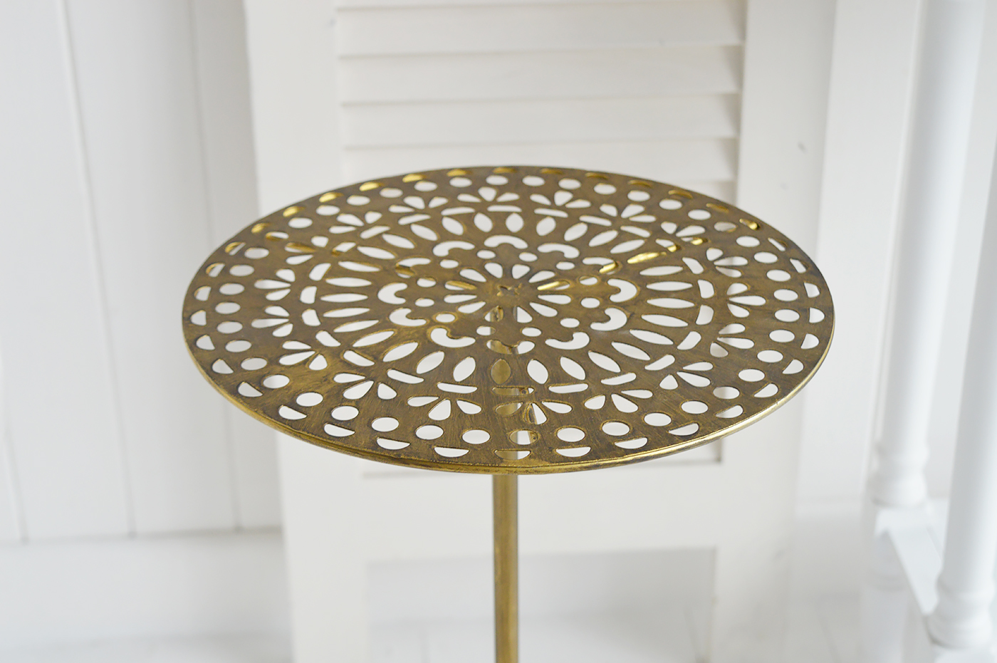 The Montville antique brass small round side table, ideal for bedside, or living room lamp table. Bathroom, Living Room, Bedroom and Hallway Furniture for beautiful homes. Furniture for New England, country farm house and coastal styled home interiors