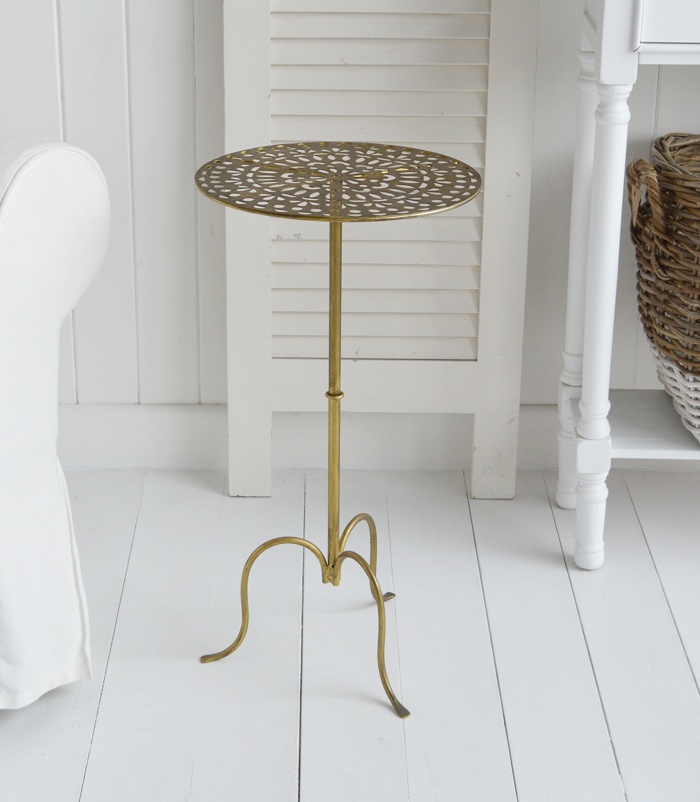 The Montville antique brass small round side table, ideal for bedside, or living room lamp table. Bathroom, Living Room, Bedroom and Hallway Furniture for beautiful homes. Furniture for New England, country farm house and coastal styled home interiors