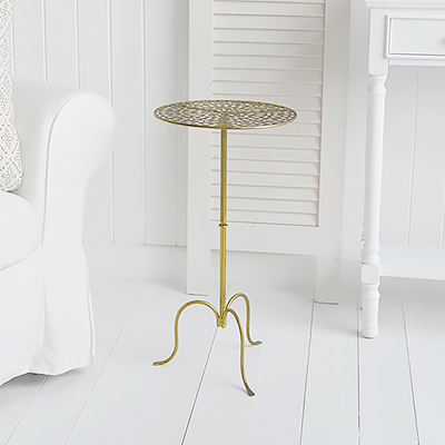 The Montville antique brass small round side table, ideal for bedside, or living room lamp table. Bathroom, Living Room, Bedroom and Hallway Furniture for beautiful homes. Furniture for New England, country farm house and coastal styled home interiors