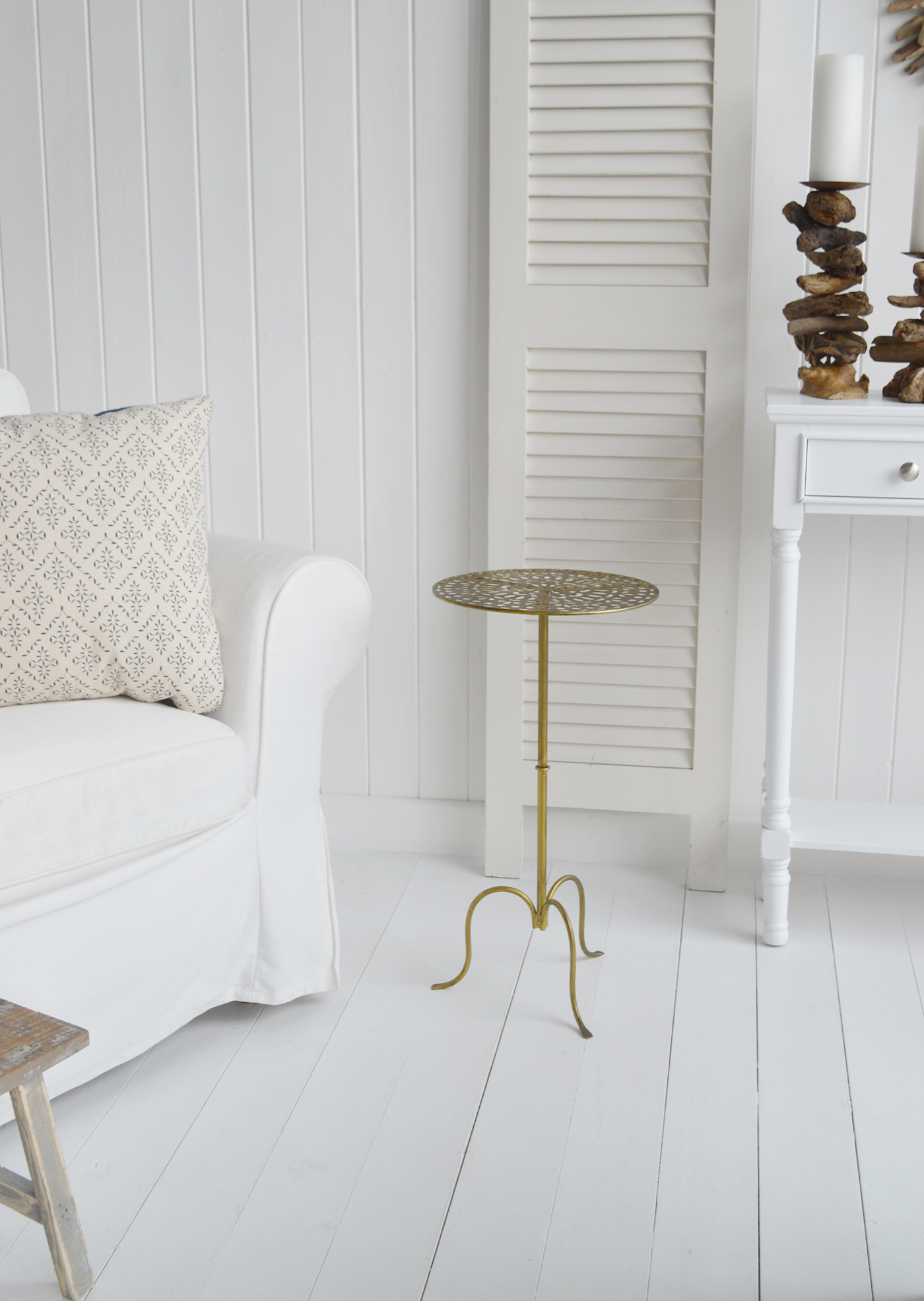 The Montville antique brass small round side table, ideal for bedside, or living room lamp table. Bathroom, Living Room, Bedroom and Hallway Furniture for beautiful homes. Furniture for New England, country farm house and coastal styled home interiors