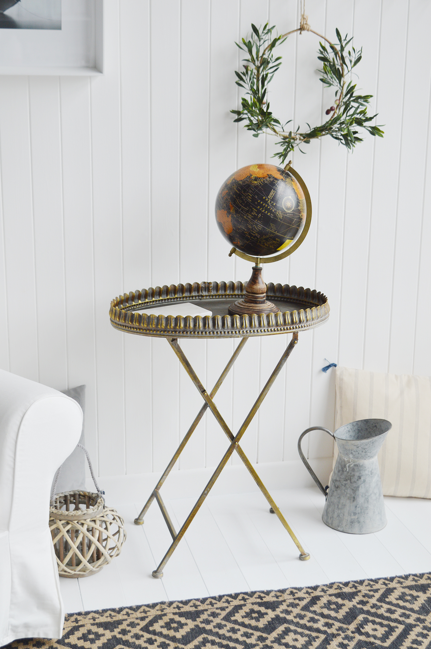 Mystic lamp table in aged antique brass finish. New England furniture and home interiors