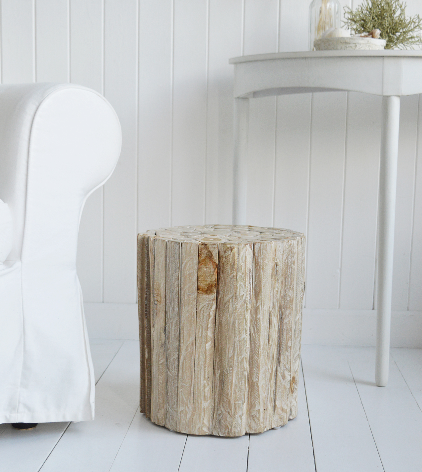 New Haven white washed driftwood table . New England modern farmhouse and coastal furniture. Beach House style interiors