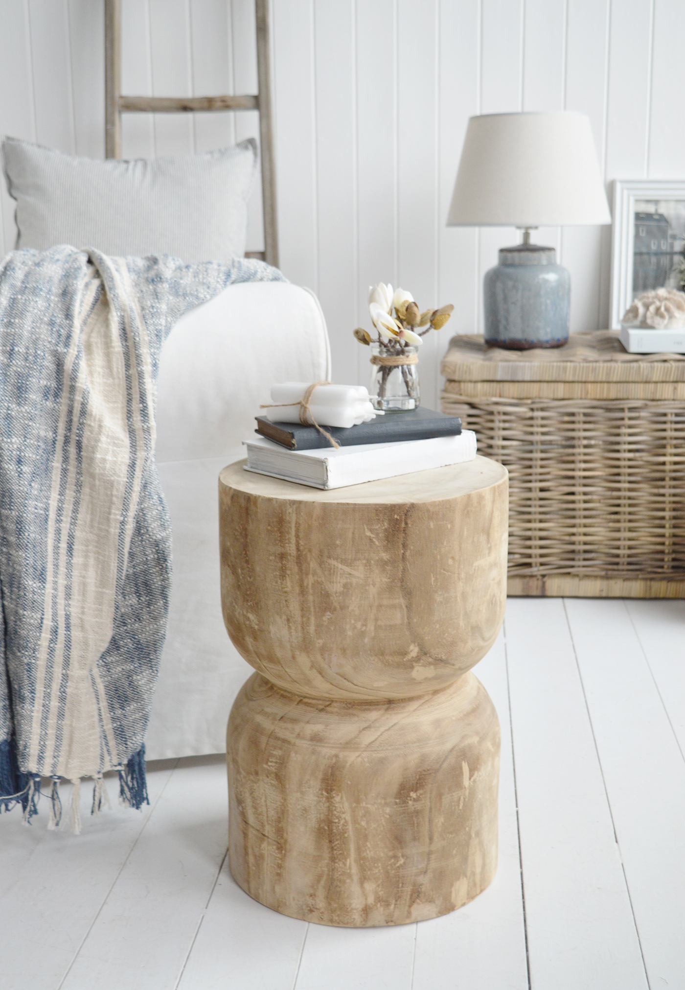 A perfect piece of coastal furniture for a living room, the Ascot wooden side table to add texture and warmth into a New England space