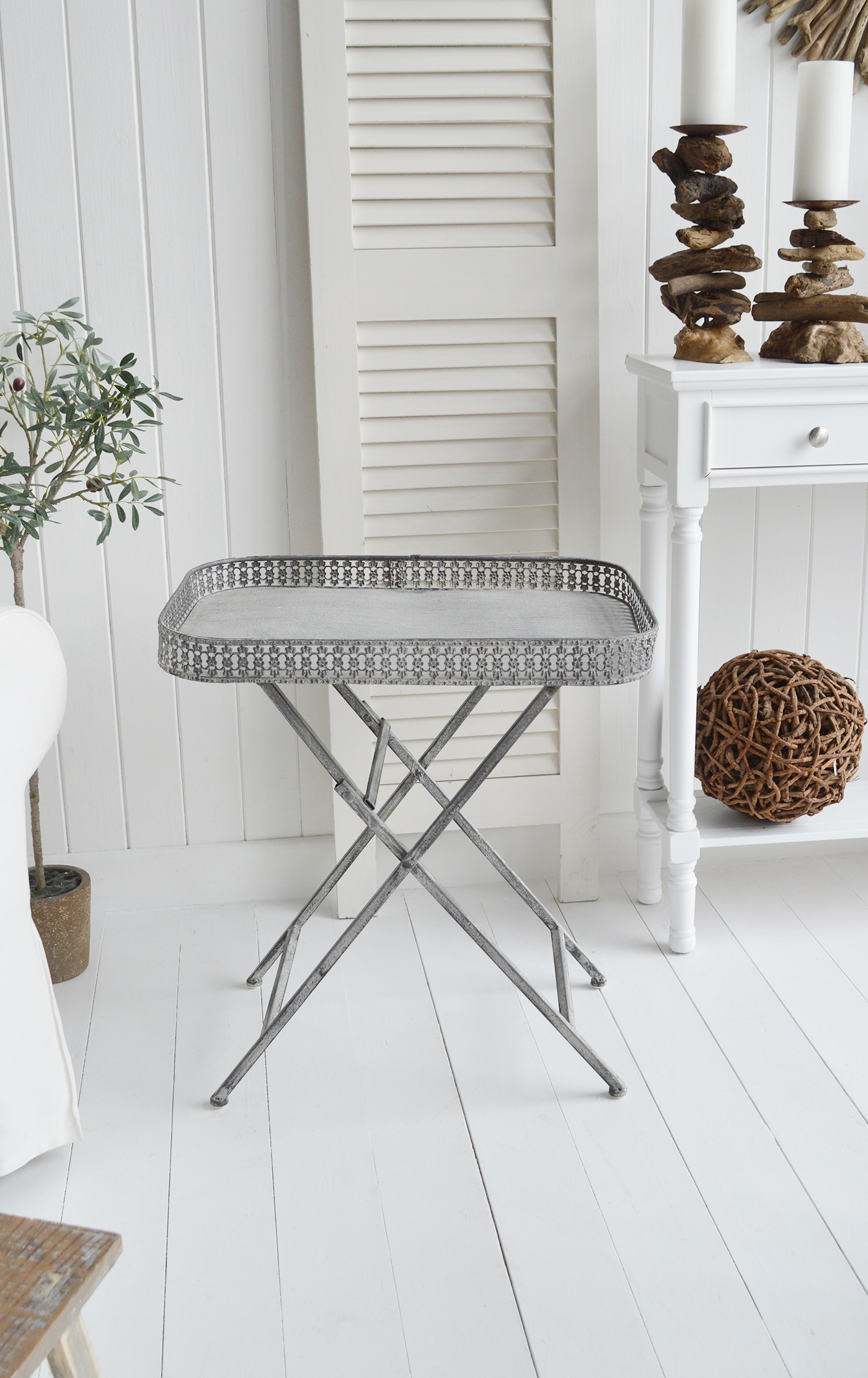 The Palmer grey folding side table, ideal for bedside, or living room lamp table. Bathroom, Living Room, Bedroom and Hallway Furniture for beautiful homes. Furniture for New England, country farm house and coastal styled home interiors