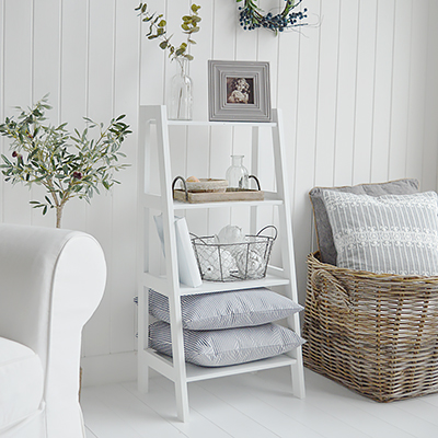 The Patten white shelf unit with four shelves for living room furniture in New England country, coastal and city home interiors