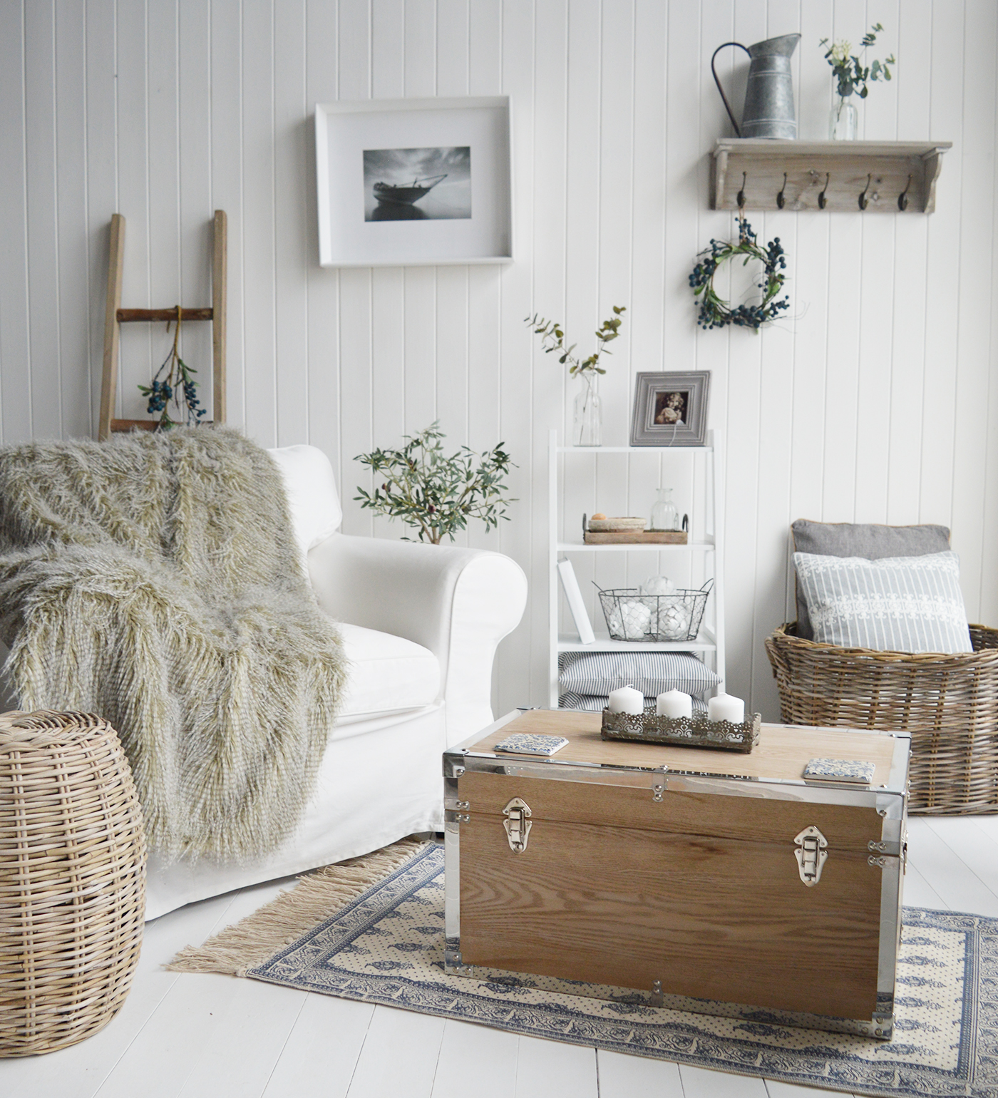 The Patten white shelf unit with four shelves for living room furniture in New England country, coastal and city home interiors