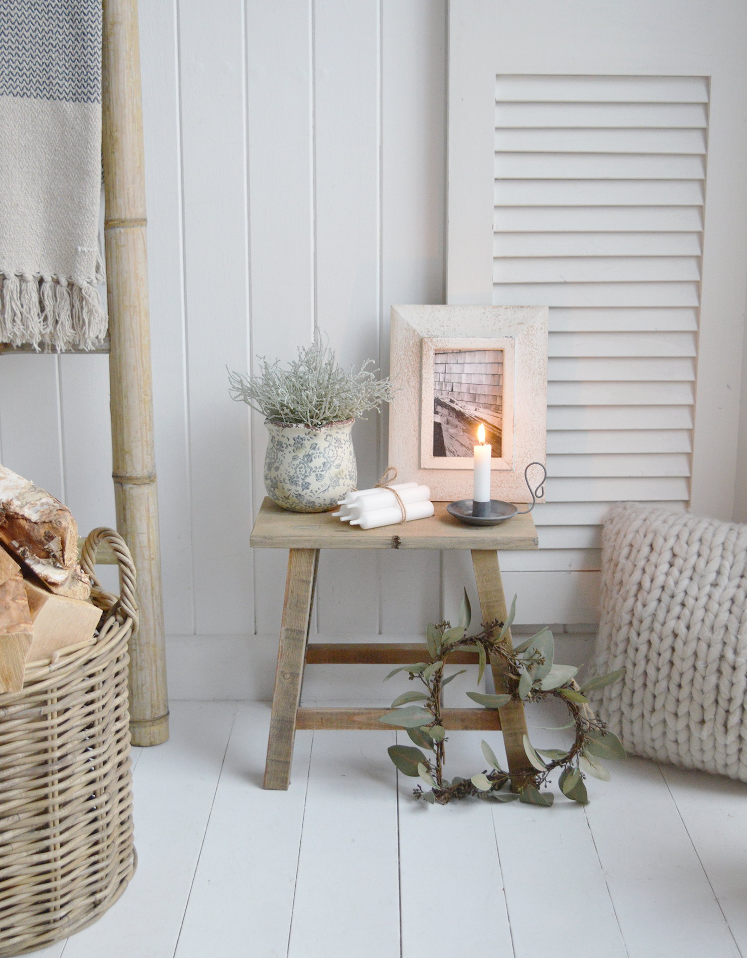 Rustic milking stool to style in a New England coastal, farmhouse or country interior