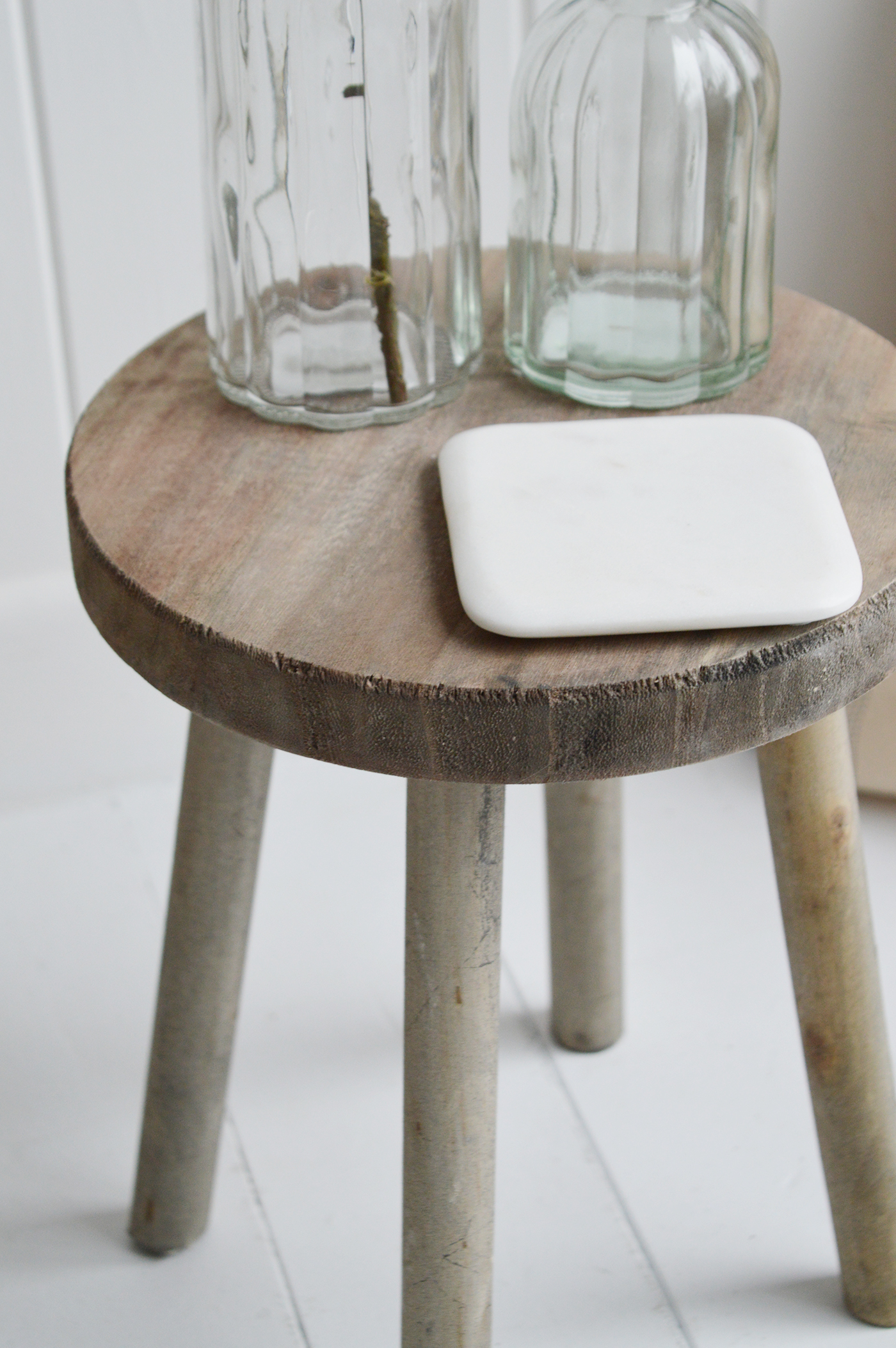 Pawtucket Grey Wooden round Stool Side Table, milking stool for coastal and country interiors from The White Lighthouse. Bathroom, Living Room, Bedroom and Hallway Furniture for beautiful homes