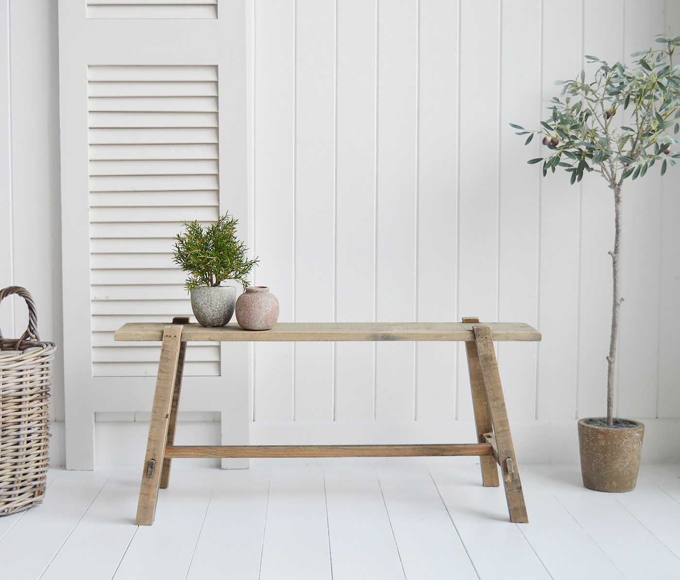 Pawtucket Grey Small Rustic Bench - Coastal, New England, Modern Farmhouse and Country Furniture