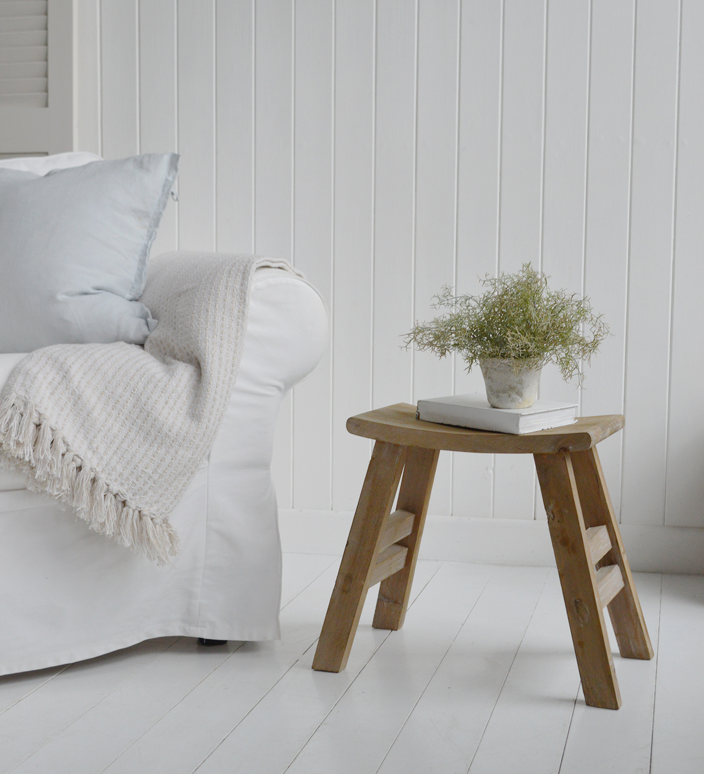 Solid timber Pawtucket stool with minimalist design in light and airy Hamptons room