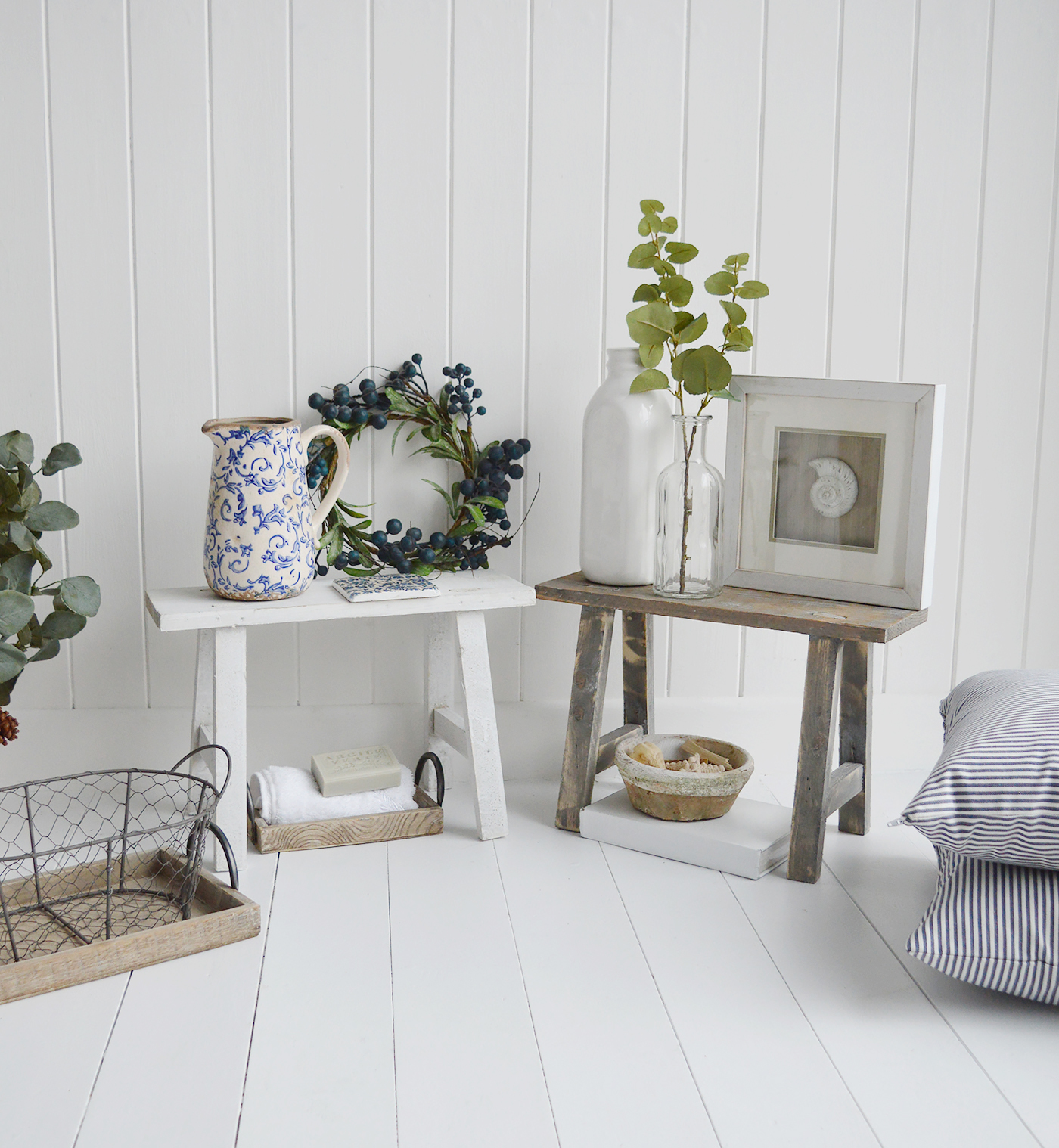 Pawtucket Grey and white rustic Wooden Stools Side Table for coastal and country interiors from The White Lighthouse. New England style interiors for Bathroom, Living Room, Bedroom and Hallway Furniture for beautiful homes