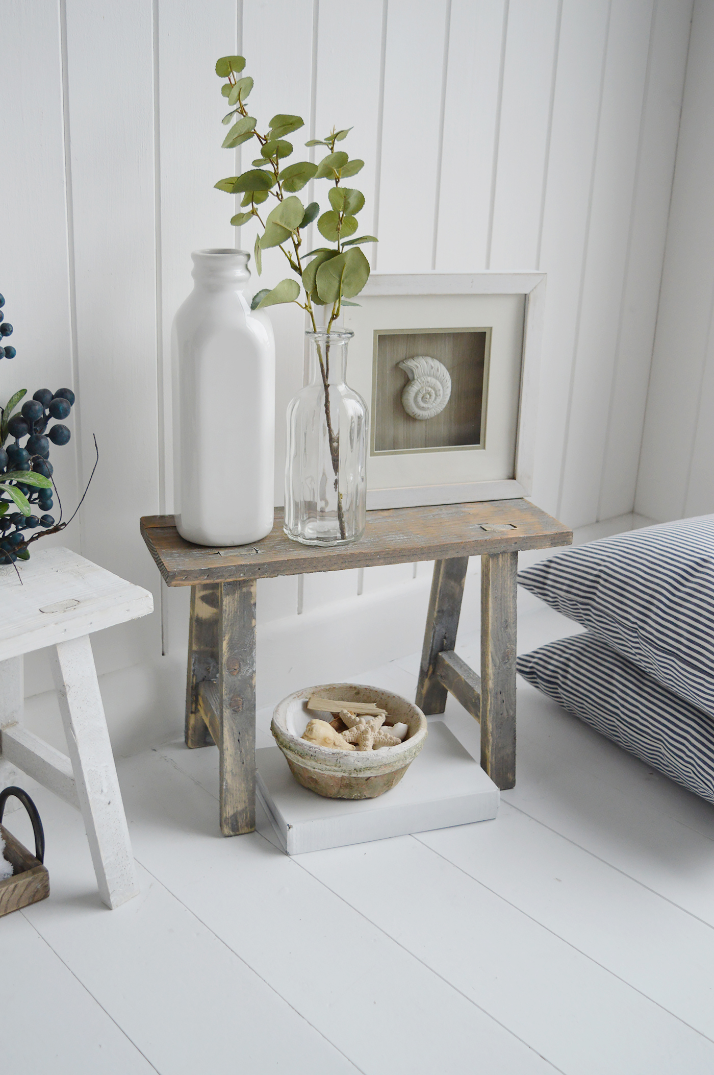 Pawtucket Grey and white Wooden Stools Side Table for coastal and country interiors from The White Lighthouse. New England style interiors for Bathroom, Living Room, Bedroom and Hallway Furniture for beautiful homes