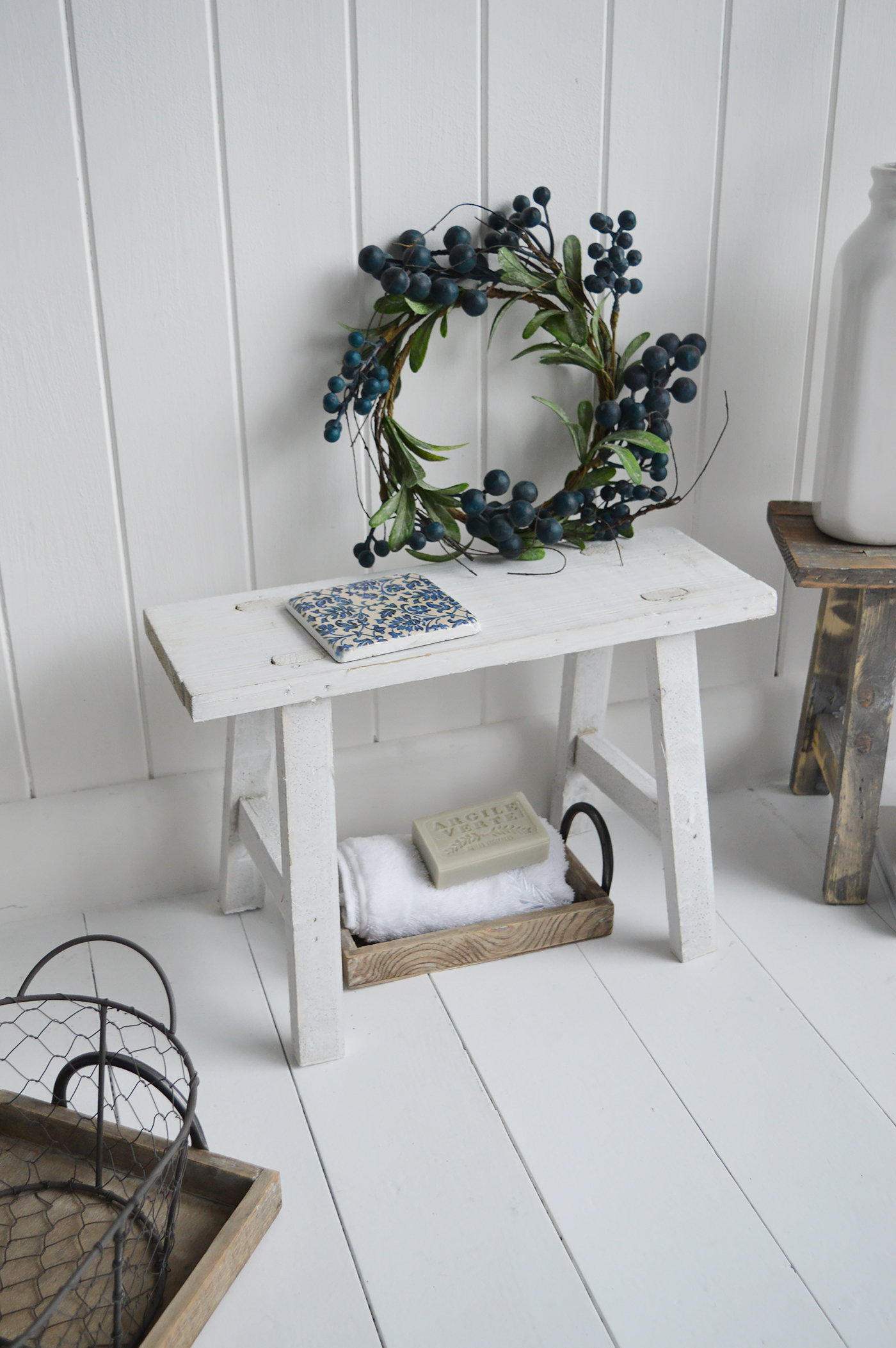 Pawtucket Grey and white Wooden Stools Side Table for coastal and country interiors from The White Lighthouse. New England style interiors for Bathroom, Living Room, Bedroom and Hallway Furniture for beautiful homes