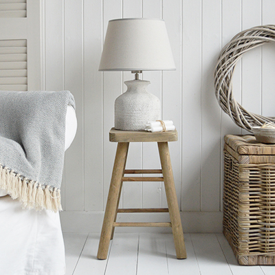 Pawtucket wooden stool as a lamp table or side table for New England furniture in coastal and country homes