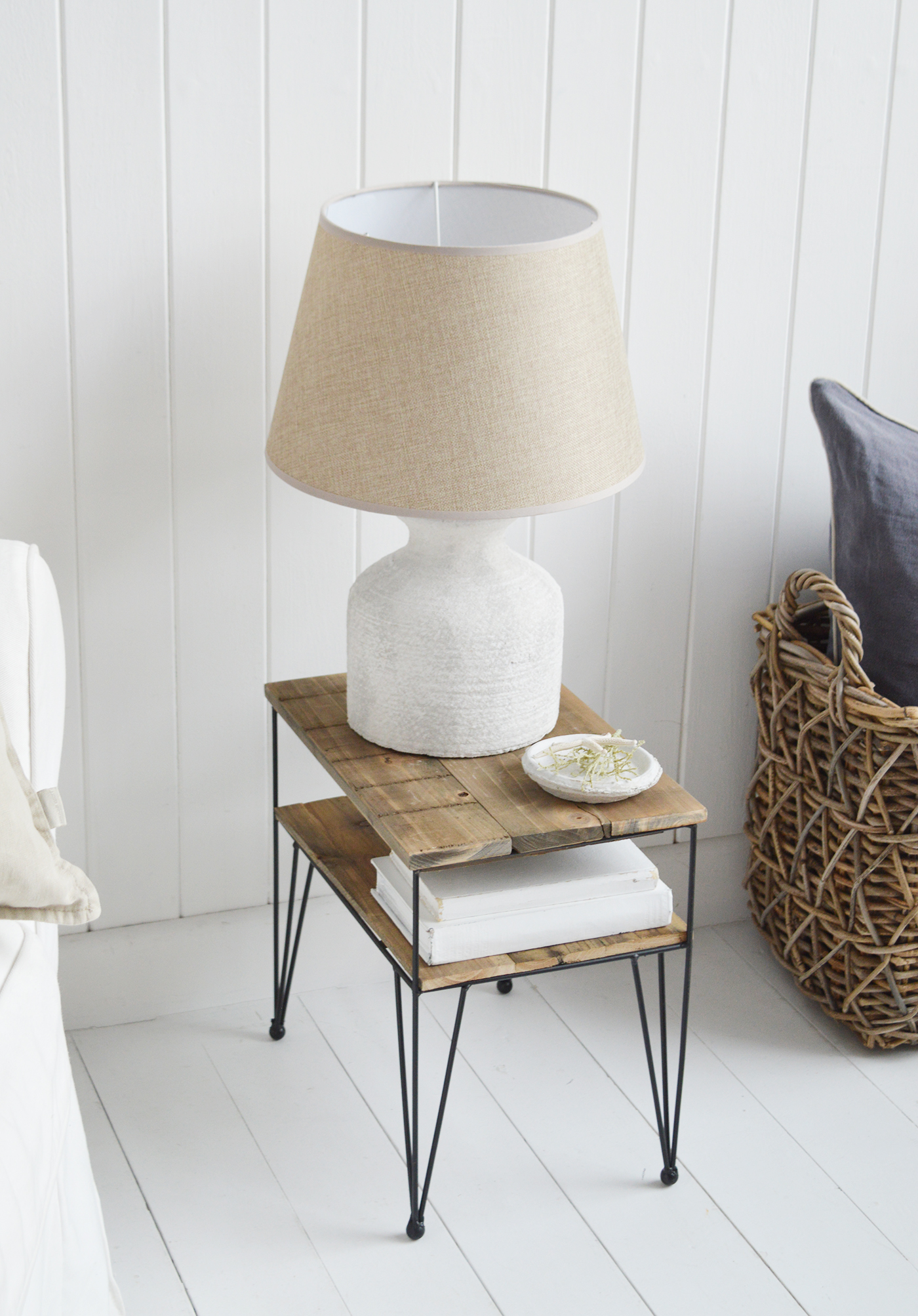 Small narrow living room lamp table for New England furniture in coastal amd modern farmhouse interiors