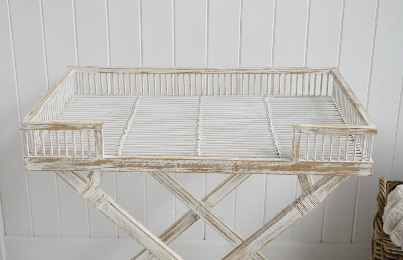 The Provincetown Table, a White wash beach house tray table, and ideal piece of furniture for coastal homes and interiors - a close up of the top