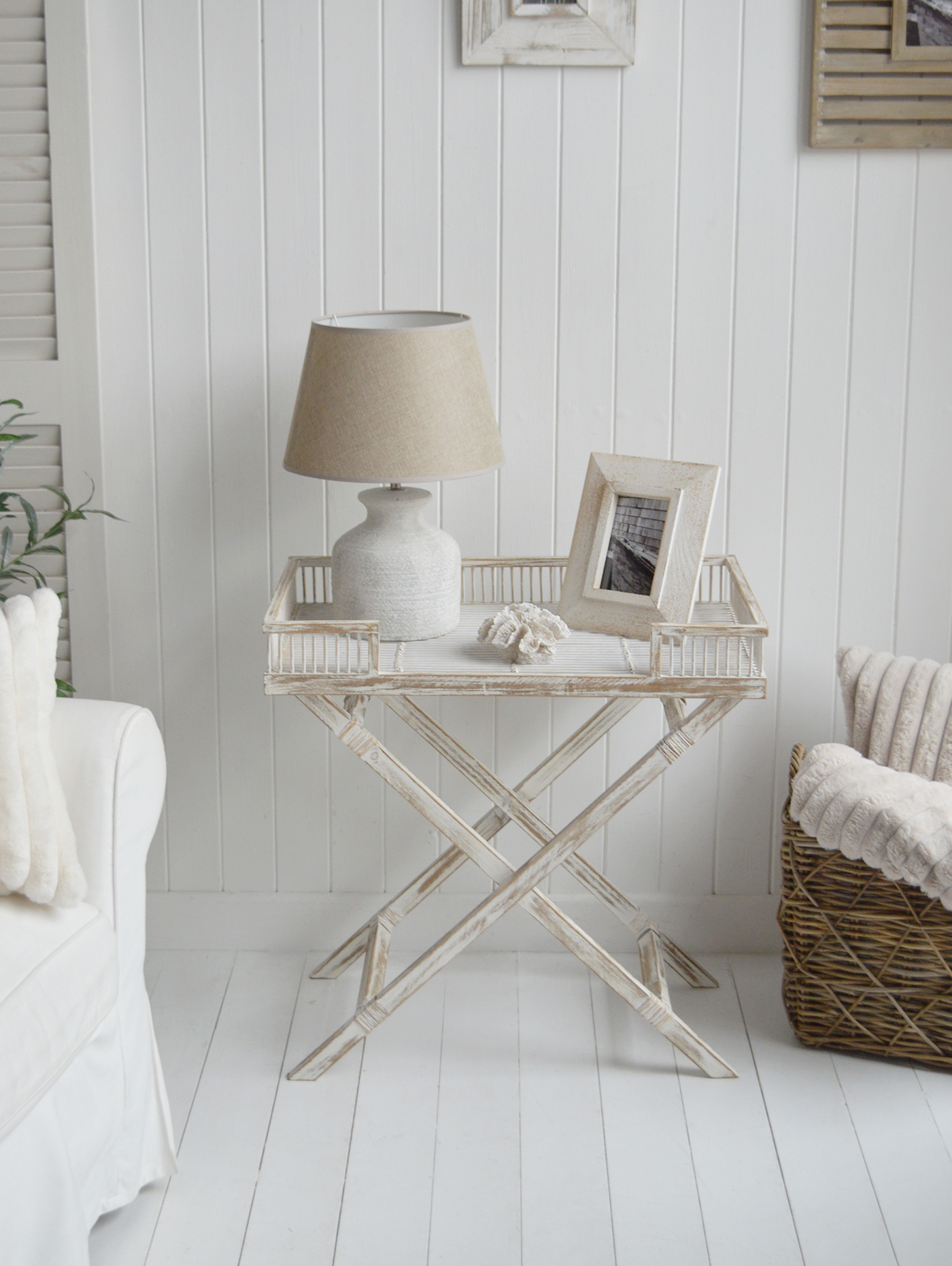 The Provincetown Table, a White wash beach house tray table, and ideal piece of furniture for coastal homes and interiors - shown form the top to show the tray 