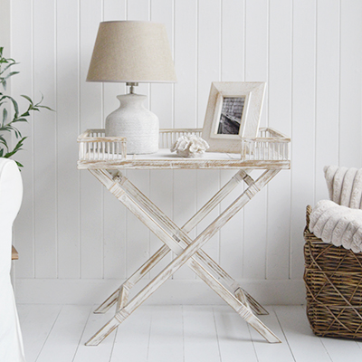 The Provincetown Table, a White wash beach house tray table, and ideal piece of furniture for coastal homes and interiors