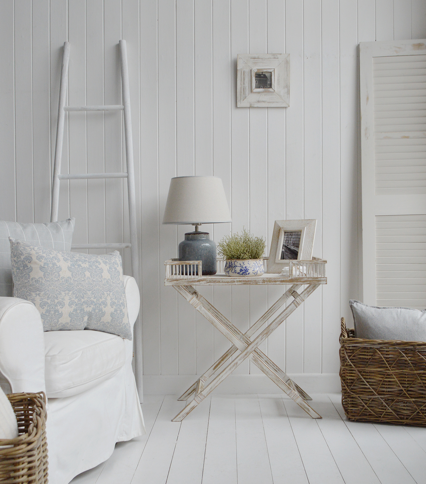 Textured white Coastal furniture with a hint of blue. The Provincetown table gives a relaxed airy feel to a Hamptons beachhouse room, wheter it is in the hallway, living room or bedroom