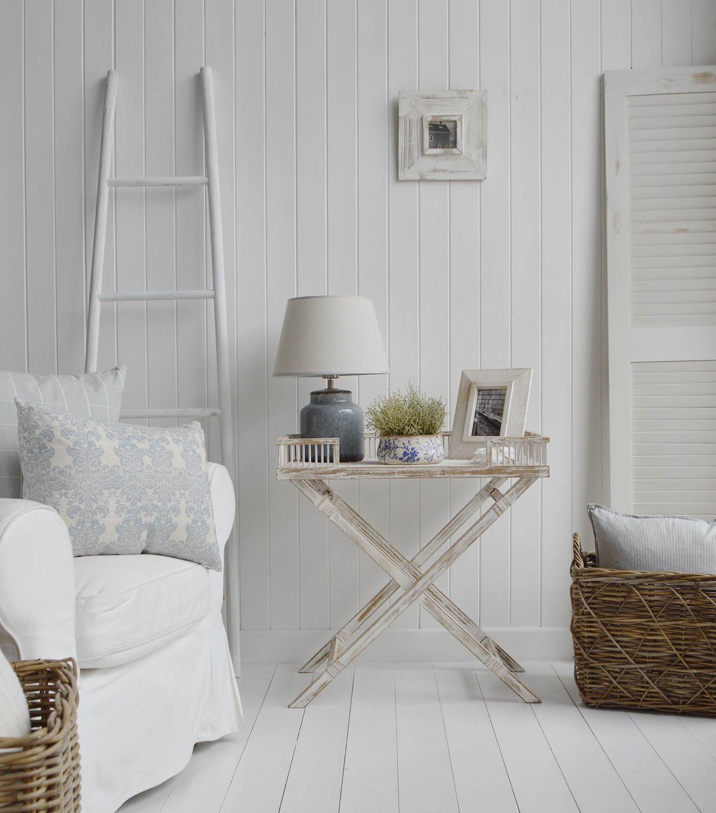 The Provincetown table shown with the Blue Comptom lamp for blue and white traditional coastal innteriors