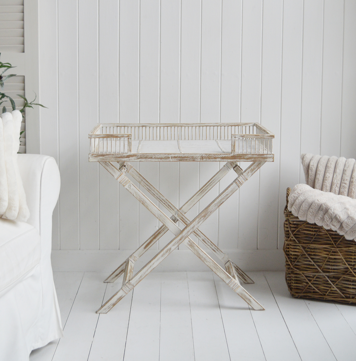 The Provincetown Table, a White wash beach house tray table, and ideal piece of furniture for coastal homes and interiors - a full front photogrpah of the table