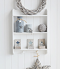 Provincetown white wall shelf with 2 shleves and hanging pegs for New England coastal and country interiors for hallway, living room, bedroom and bathrooms
