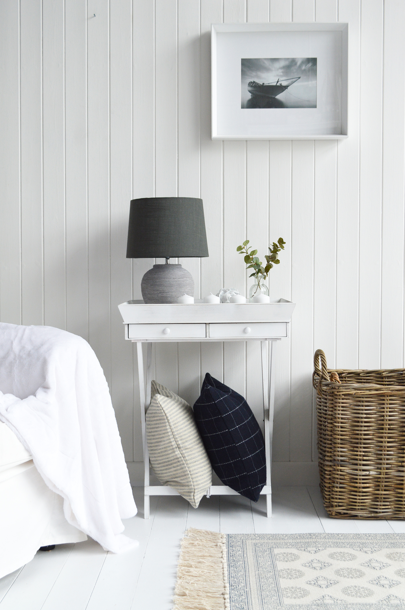 Rhode Island white table with drawers for New England styles country, coastal and city homes. Living room furniture