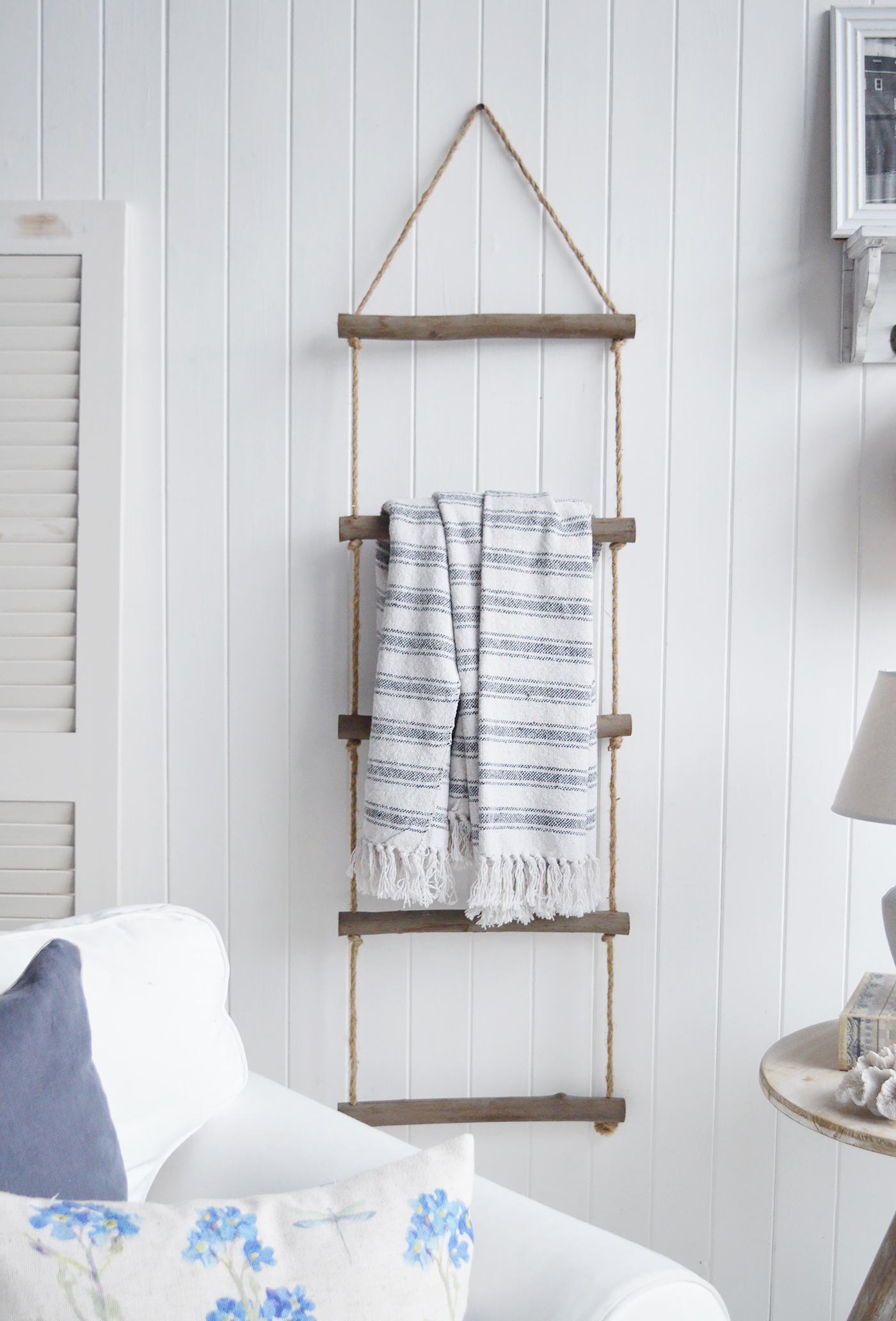 Rope blanket ladder for modern farmhouse coastal and country homes and interiors. New England furniture
