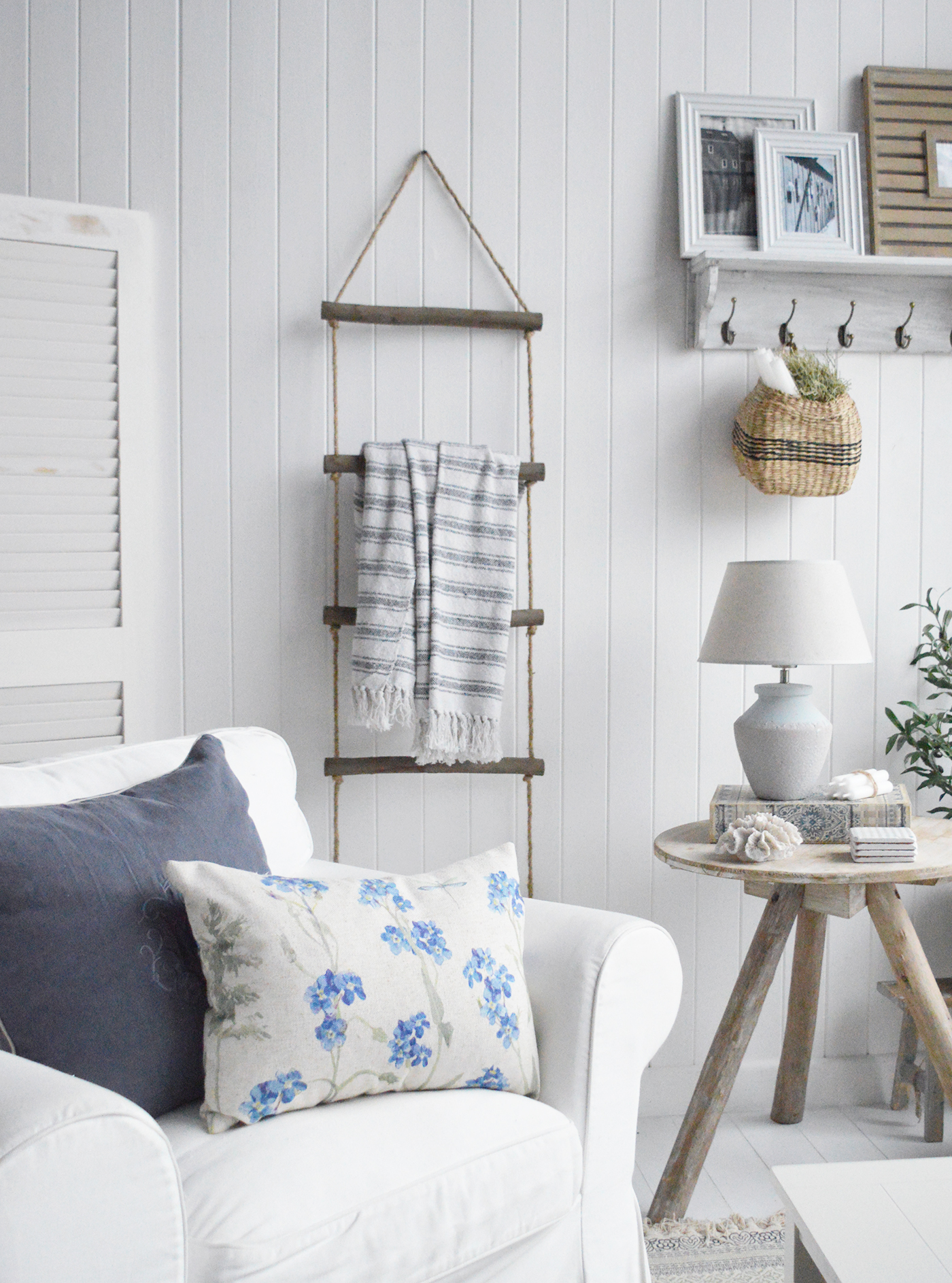 Rope blanket ladder for modern farmhouse coastal and country homes and interiors. New England furniture